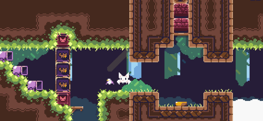 Um personagem gato-pássaro branco planando através de um nível de caverna retrô em pixel art com trepadeiras verdes e perigos.