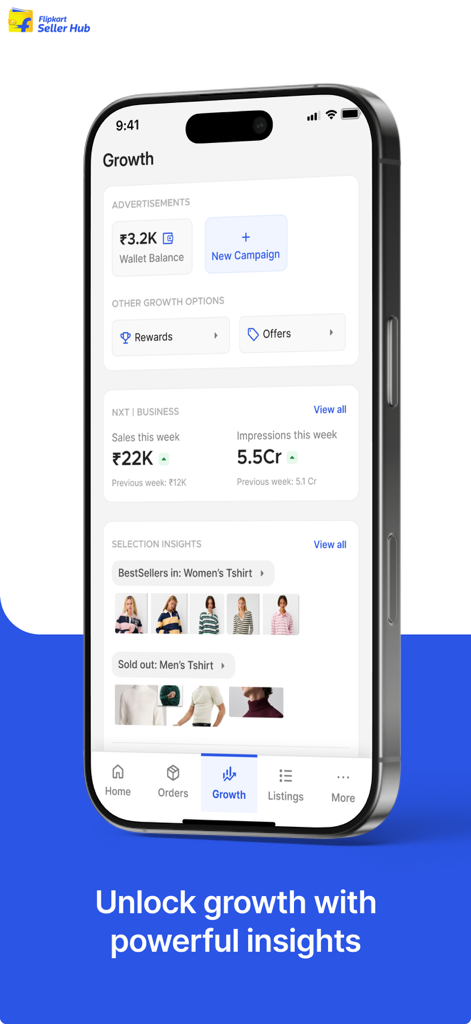 Flipkart Seller Hub - The growth dashboard of the Flipkart Seller Hub app showing sales performance and product insights.