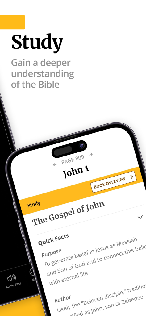 Smartphone screen showing the Study feature of the Filament Bible app with facts about the Gospel of John
