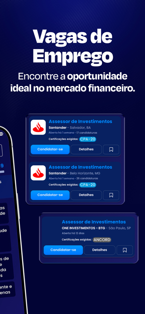 Certificações Edgar Abreu - Tela do aplicativo móvel mostrando um quadro de empregos para posições no mercado financeiro que exigem certificações CPA-20 e ANCORD