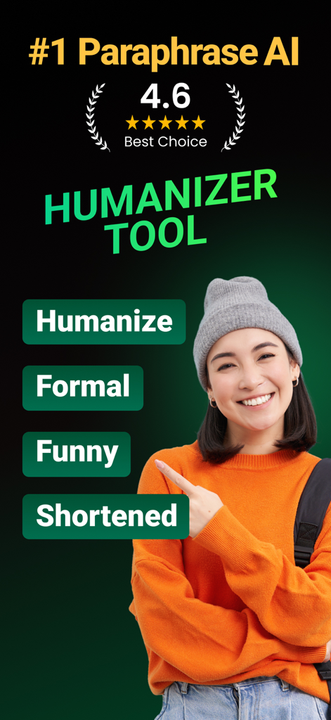 Paraphrase AI 앱 인터페이스가 형식적이고 재미있고 간결한 글쓰기 스타일 옵션이 있는 휴머나이저 도구를 보여줍니다.