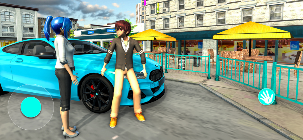 Anime High School Dating Game - Zwei Anime-Charaktere sprechen neben einem blauen Sportwagen in einer Stadtsimulation.