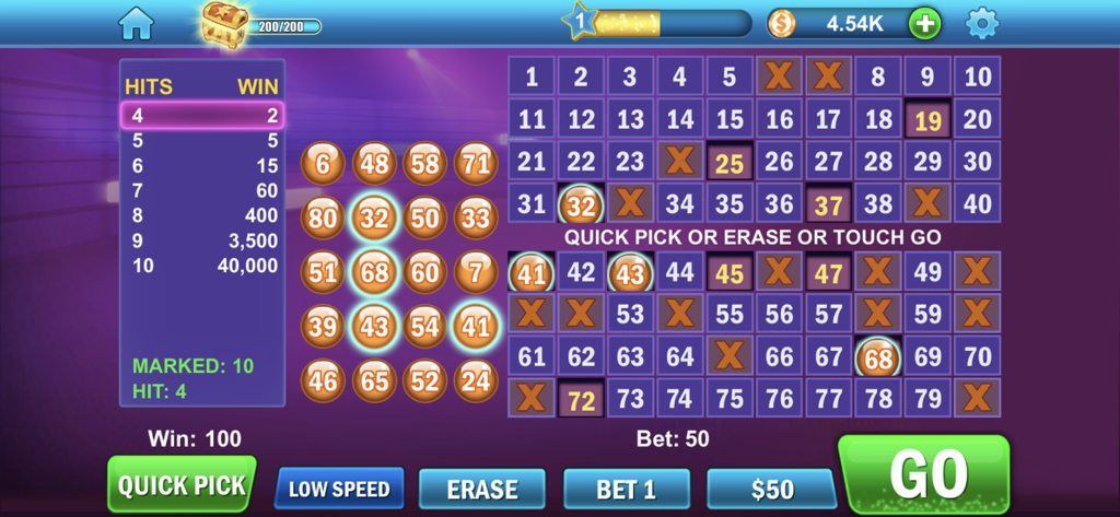 Keno Kino Lotto - Écran de jeu de l'application mobile Keno Kino Lotto montrant une grille de numéros et des succès sélectionnés