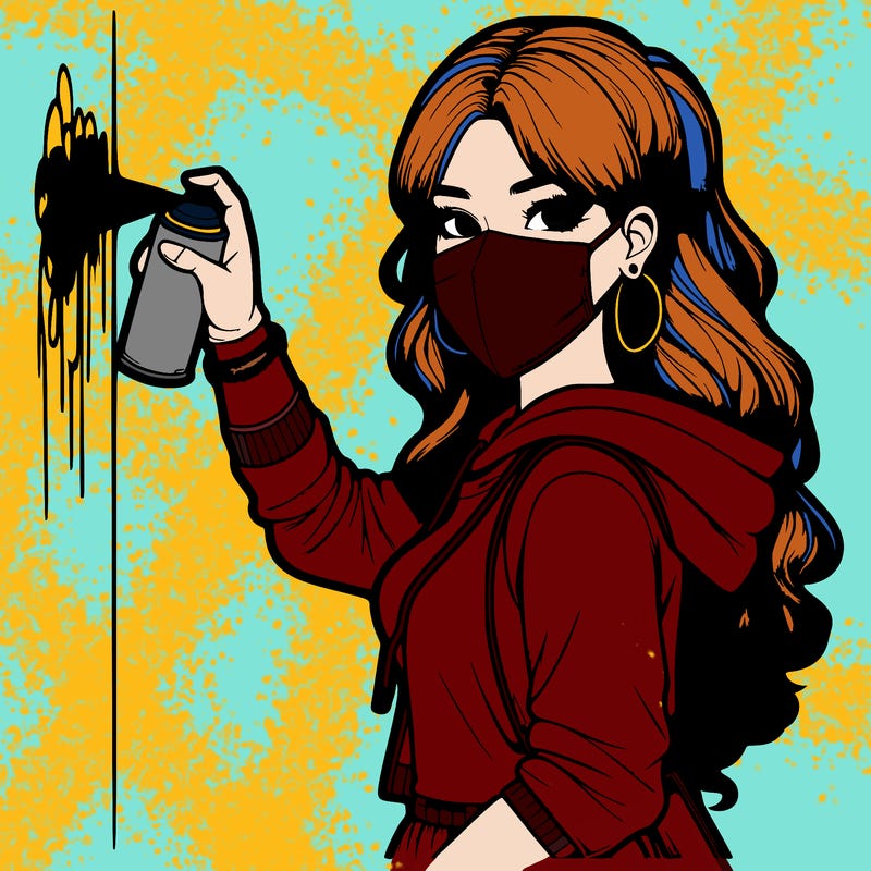 realistic girl with mask spray painting a wall