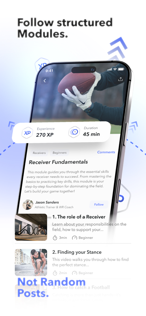 APX Academy - Smartphone screen showing structured football training modules for receiver fundamentals on APX Academy