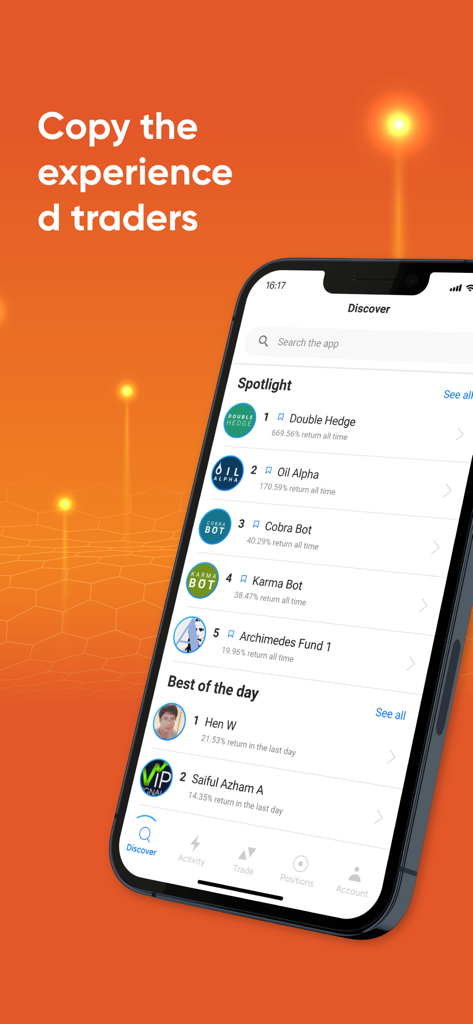 V-Social - V-Social mobile app interface showing a spotlight leaderboard of experienced traders to copy