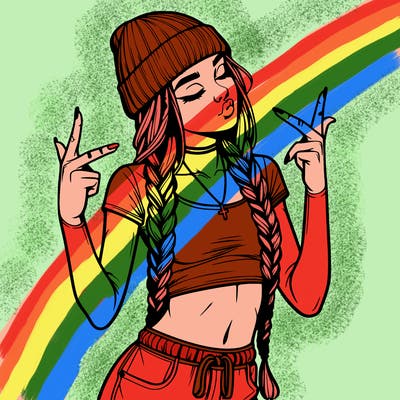 realistic teenage girl with braids and a beanie and crop top doing 🫶🏼