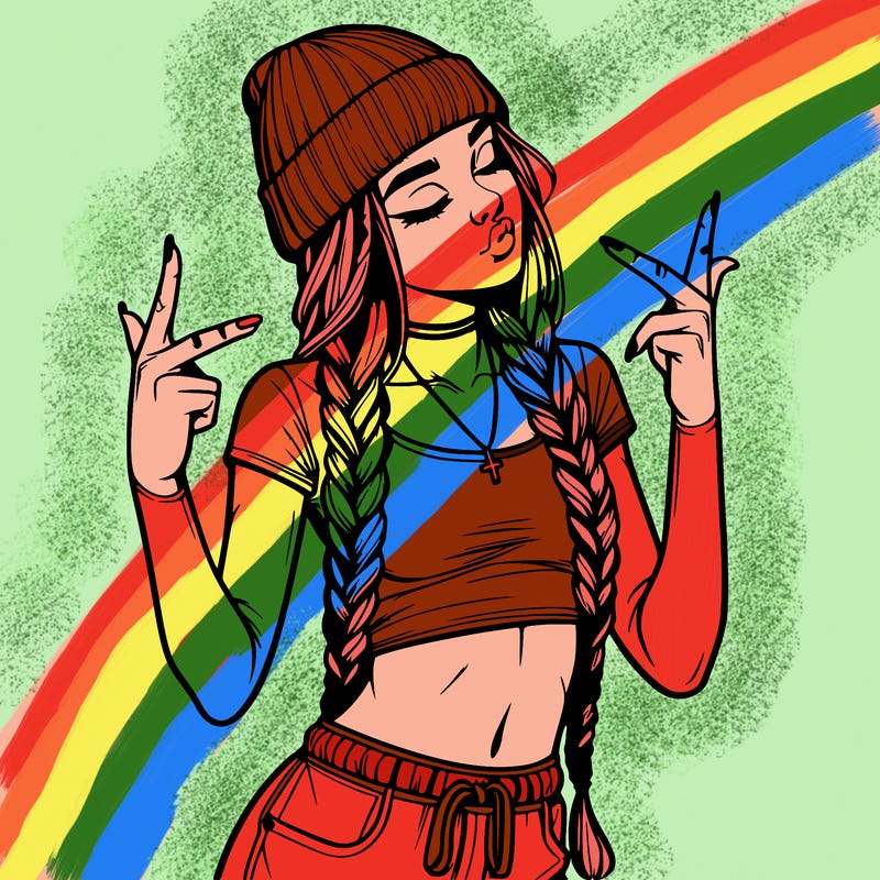 realistic teenage girl with braids and a beanie and crop top doing 🫶🏼