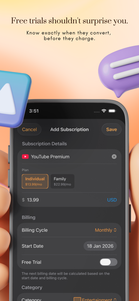 Subcut: Subscription Tracker - Subcut app screen showing how to add and track a YouTube Premium subscription with free trial details.
