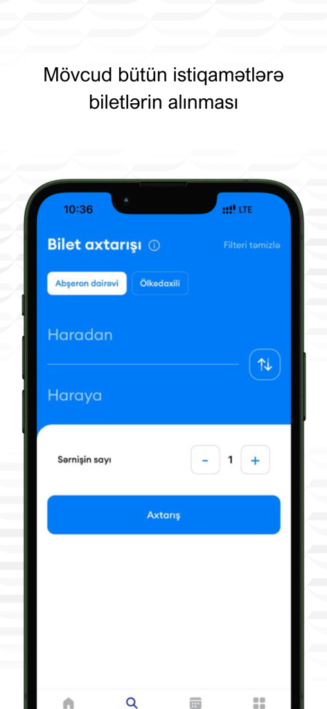 Pantalla de búsqueda de billetes en la aplicación ADY Mobile para los Ferrocarriles de Azerbaiyán