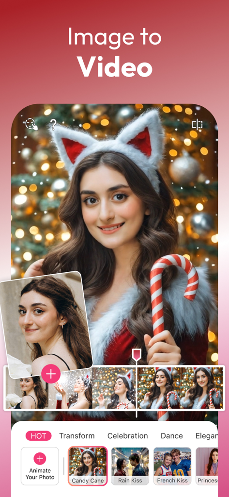 YouCam Makeup app interface showing the image to video feature with a woman in a Christmas theme.