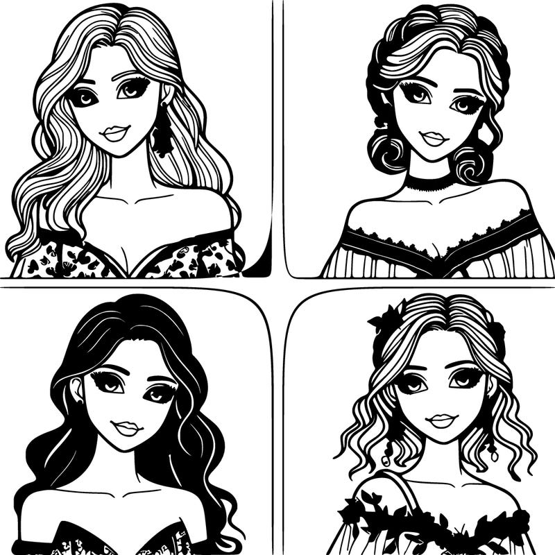 four women portraits in fancy clothes and bright eyes