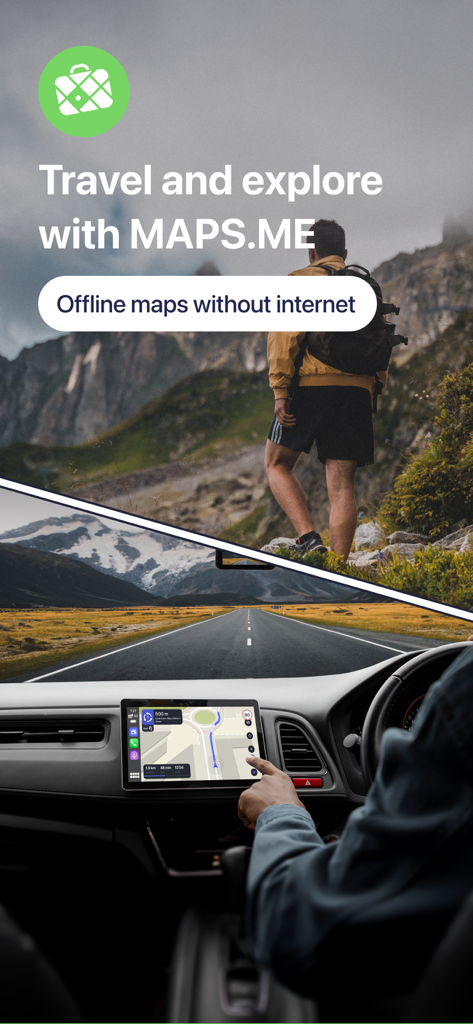 A hiker in the mountains and a driver using MAPS.ME offline maps for navigation