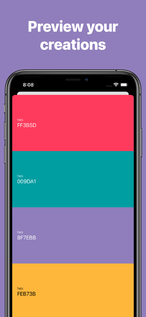 Pocket Palette - Pocket Palette app screen showing a preview of a color palette with hex codes