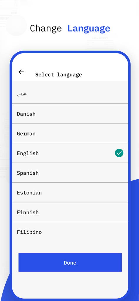 InvoiceBilling | Receipt Maker - Language selection screen in the Invoice Billing app showing various international language options