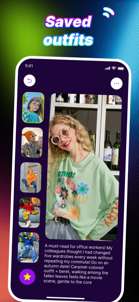 iCove: Style Creativity, Video - Screenshot of the iCove app interface showing a gallery of saved fashion outfits and style inspiration tips