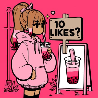girl with oversized hoodie drinking boba and she has a high ponytail with a sign that says 10likes?