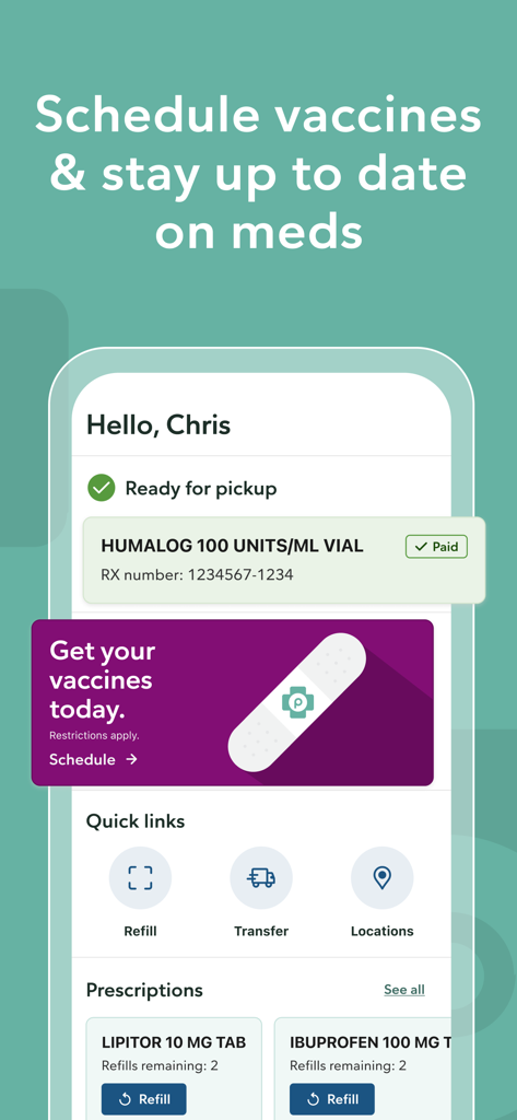 Publix Pharmacy app interface showing prescription status vaccine scheduling and quick refill options