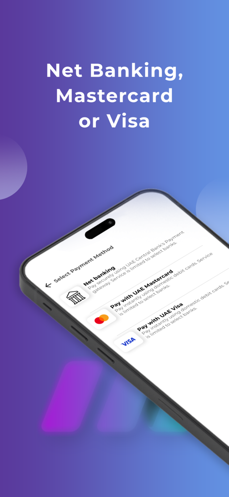 LMPAY mobile app screen for selecting payment methods like net banking or cards
