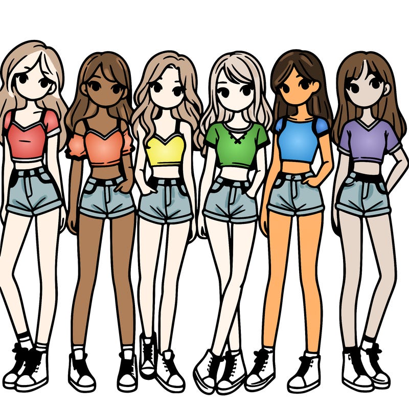 a group of girls wearing crop tops and shorts