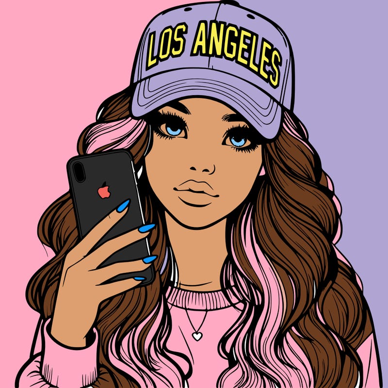 realistic beautiful girl wearing los ángeles cap holding an iphone