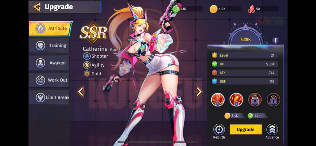 파이터스 레거시 모바일 게임의 SSR 캐릭터 캐서린의 업그레이드 인터페이스.