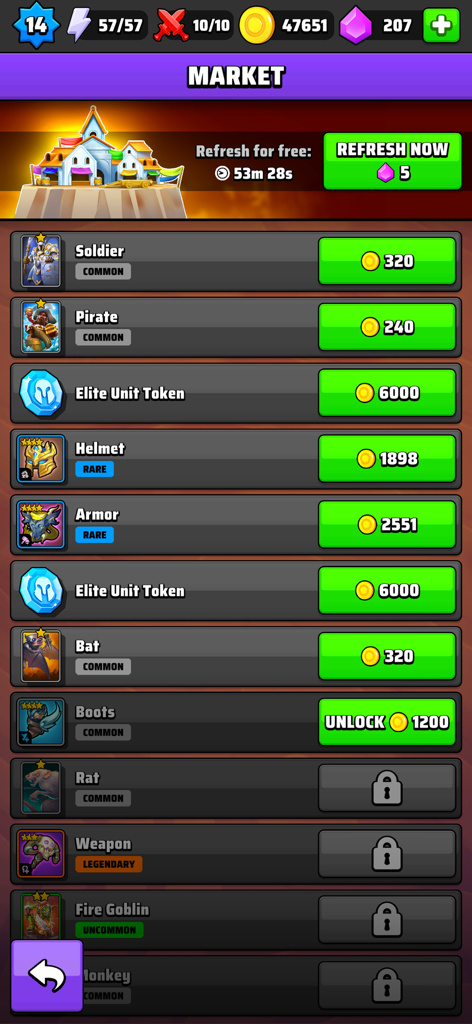 In-Game-Marktmenü in Black Deck, das sammelbare Karten und Ausrüstung zeigt.