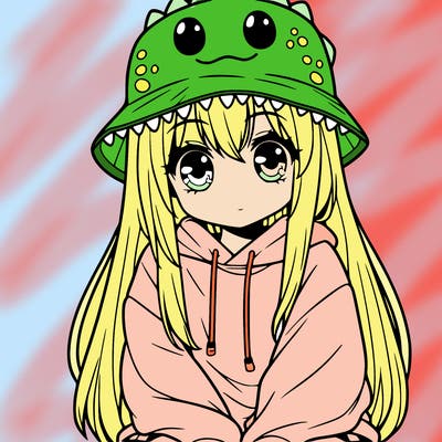 girl with anime shaped eyes with a dinosaur bucket hat oversized sweatshirt long straight hair