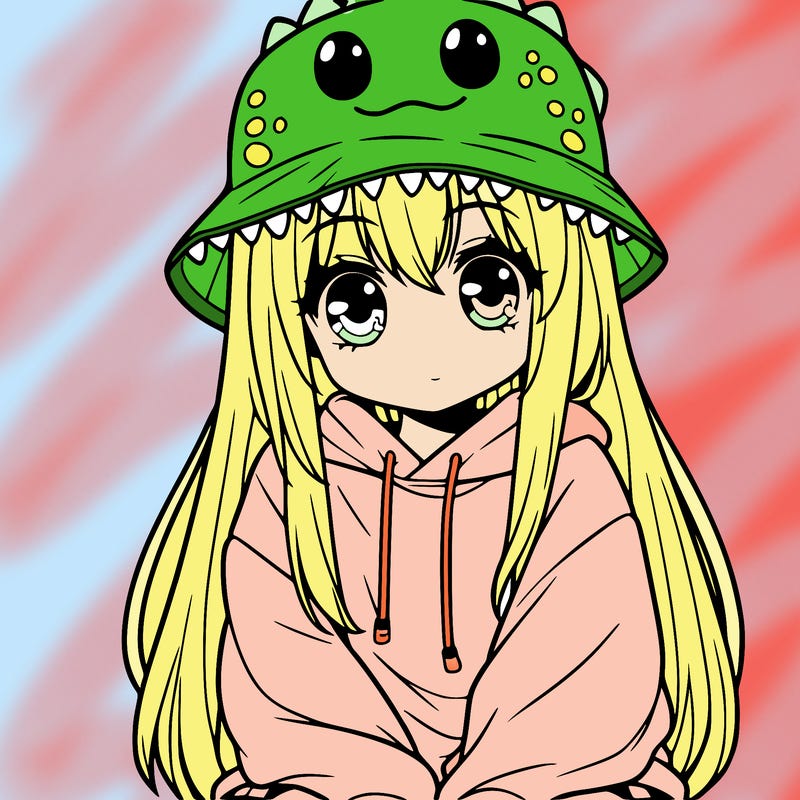 girl with anime shaped eyes with a dinosaur bucket hat oversized sweatshirt long straight hair