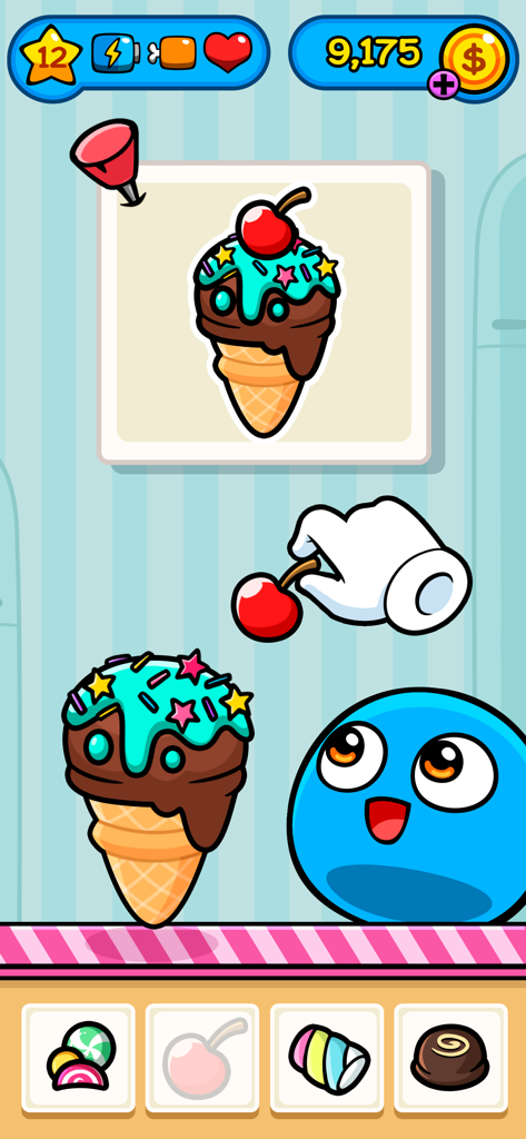 My Boo: Virtual pet Take care - A blue virtual pet named Boo watching a hand decorate an ice cream cone with a cherry in a minigame.