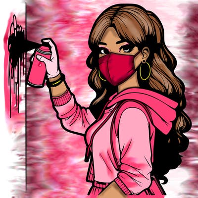 realistic girl with mask spray painting a wall