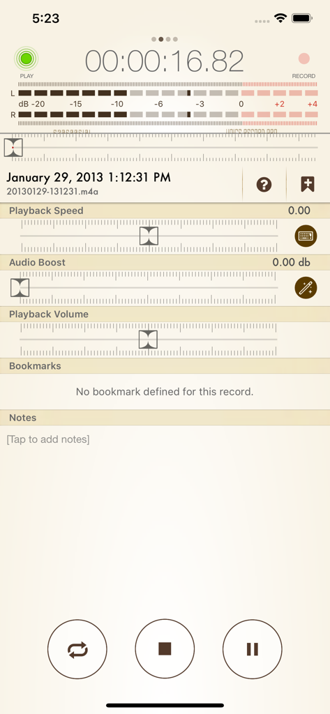 Voice Record Pro 7 - Voice Record Pro 7 app interface showing playback speed audio boost and volume settings for a recorded file