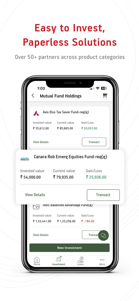Aditya Birla Capital - Wealth - Aditya Birla Capital Wealth app interface showing a list of mutual fund holdings with investment values and gain loss tracking