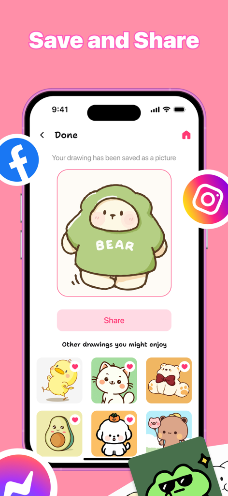Art Tracer: Photo To Drawing - A mobile app screen showing a saved drawing of a cute green bear with options to share on social media platforms like Instagram and Facebook.
