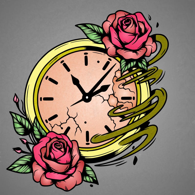 a realistic the clock that appears to be fading away with wilting roses