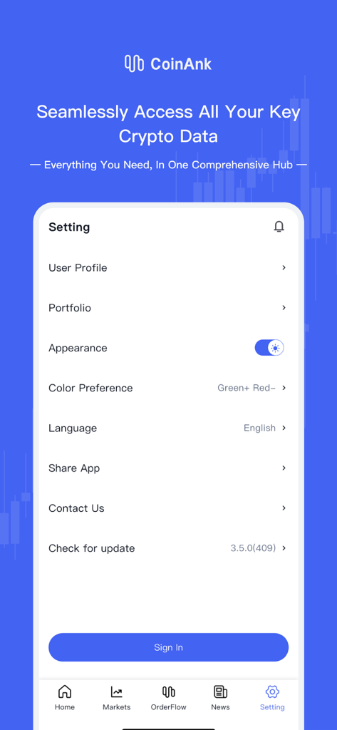 CoinAnk: Live Crypto Tracker - Die Einstellungs-Oberfläche der CoinAnk Krypto-Tracker-App mit Profil- und Anzeigeoptionen des Benutzers