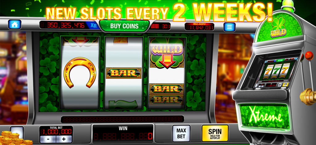 Xtreme Vegas 777 classic three reel slot machine with a green clover theme