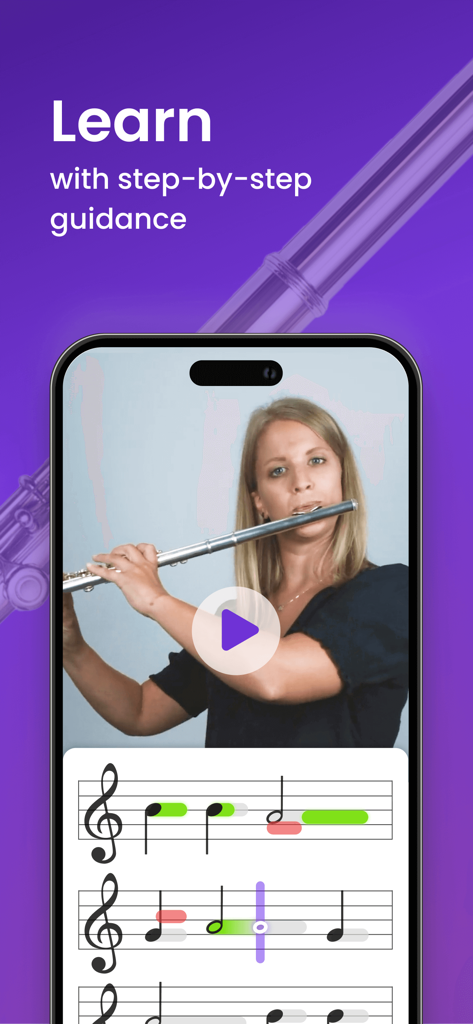 Video lesson of a woman playing flute with real-time feedback on sheet music