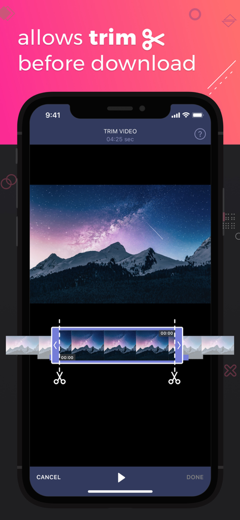 Sync for DJI: Go Mobile First - Interfaz de la aplicación Sync for DJI que muestra la función de recorte de video en un iPhone