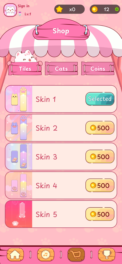 Cats Tiles - ピアノリズムゲーム用の様々なアンロック可能な猫テーマのタイルスキンを表示するキャッツタイルのゲーム内ショップインターフェース。