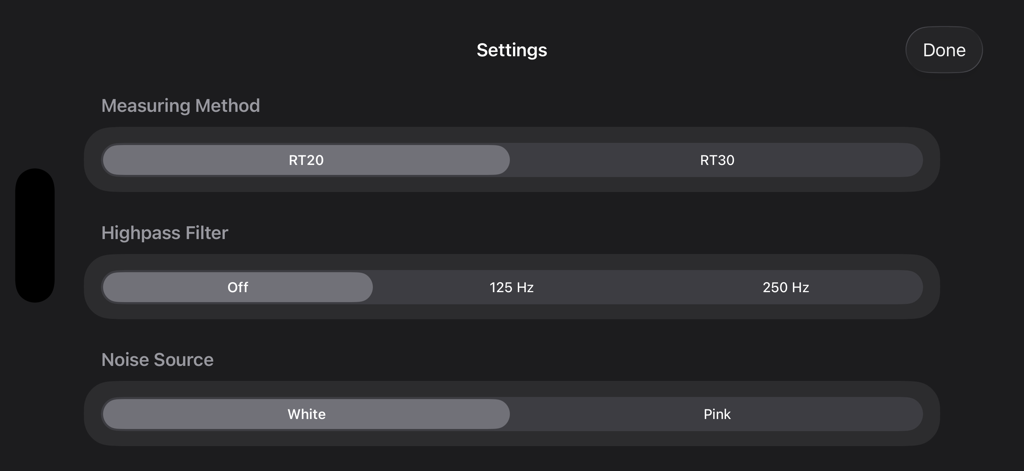 RevMeter Pro - RevMeter Pro settings screen showing measurement methods and noise source options