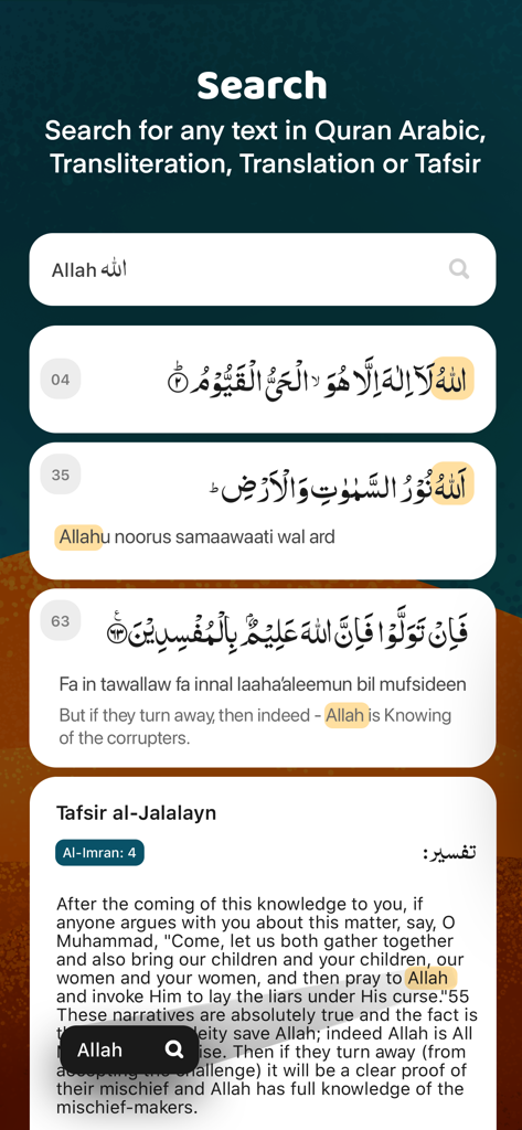 Search results screen in the Holy Quran app showing Arabic verses and English translations for the word Allah