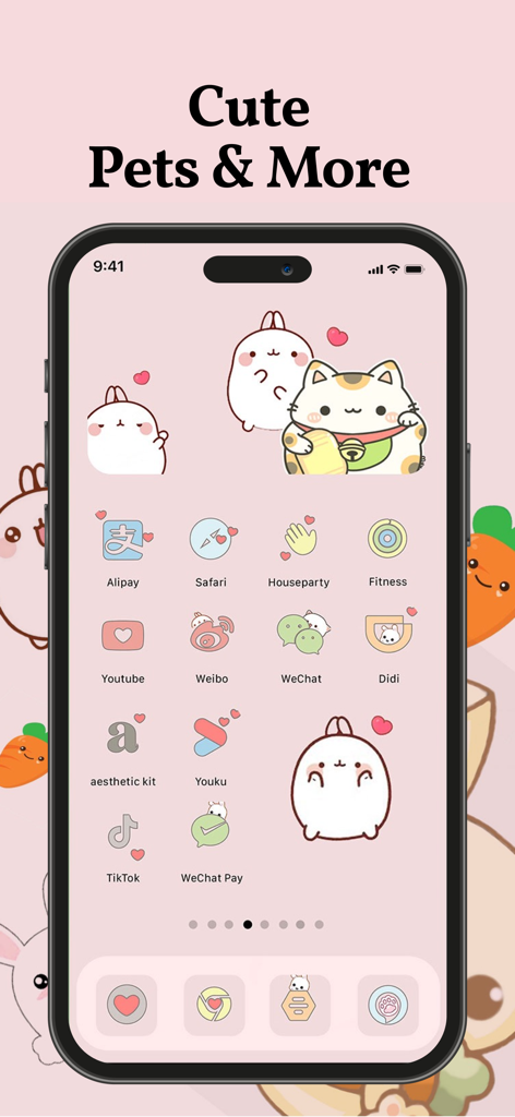 aesthetic kit: widgets, themes - パステルカラーとカスタム動物アイコンを備えた、かわいいペットテーマのiPhoneホーム画面