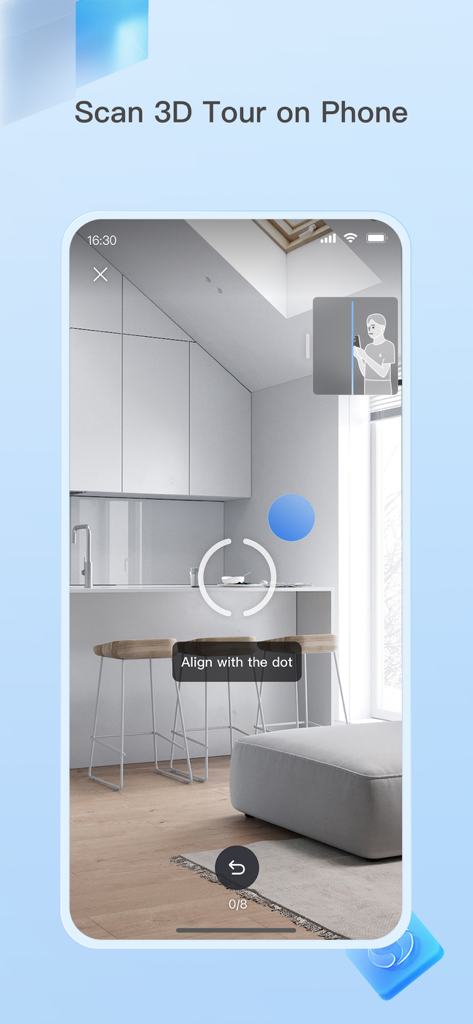 Realsee 3D virtual tour - Interfaz de smartphone de la aplicación Realsee que muestra el proceso de escaneo 3D de una habitación con instrucciones para alinearse con un punto
