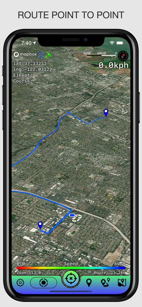Offline Maps: GPS Tracker GPX - Satellitenkartenansicht, die eine blaue Routenlinie zwischen zwei Punkten mit GPS-Koordinaten und Geschwindigkeitsdaten zeigt.