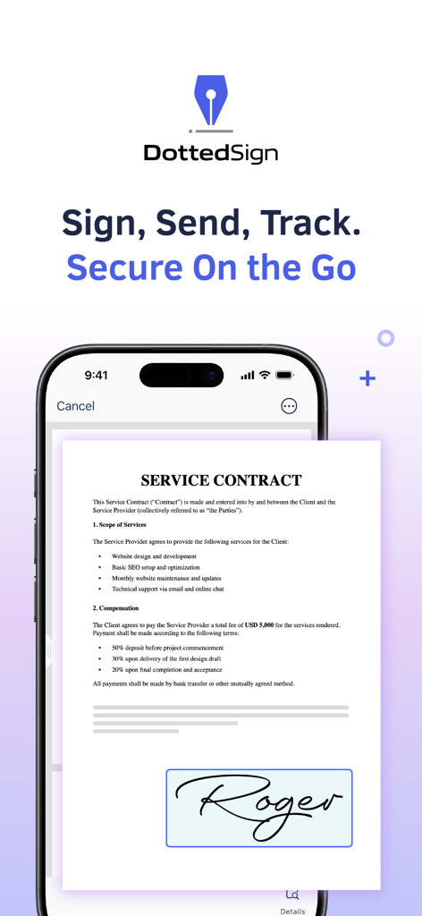 DottedSign - eSign & Fill Docs - DottedSignアプリのインターフェース。サービス契約書にデジタル署名が表示されている様子。
