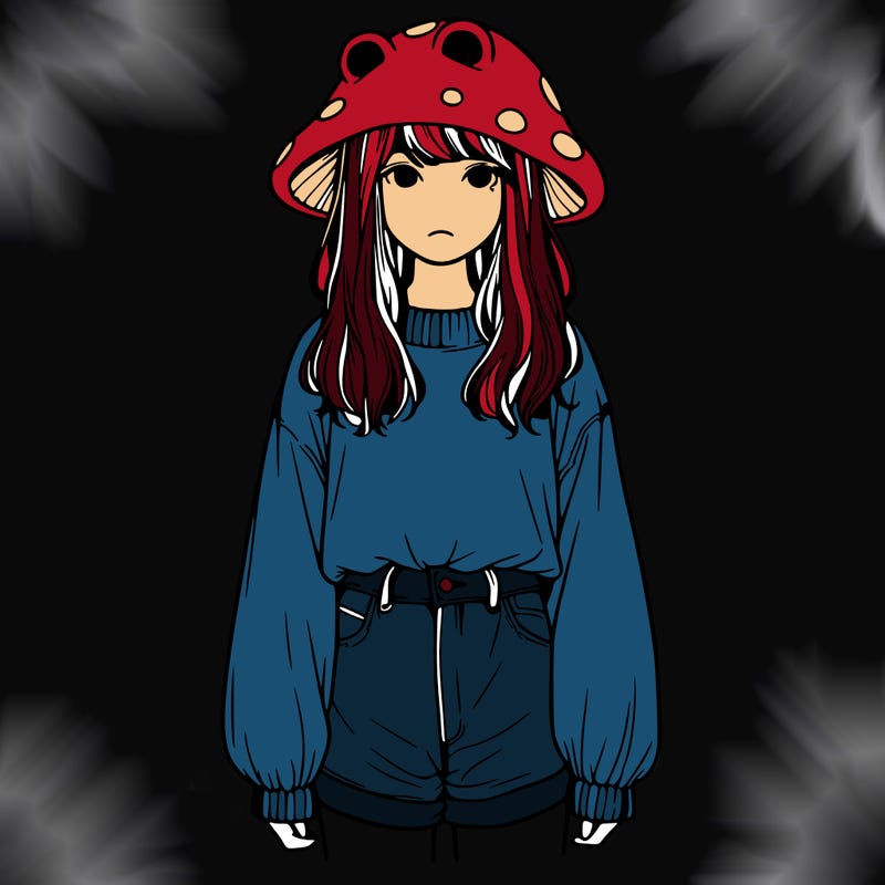 a realistic girl with a frog hat and baggy mushroom shirt