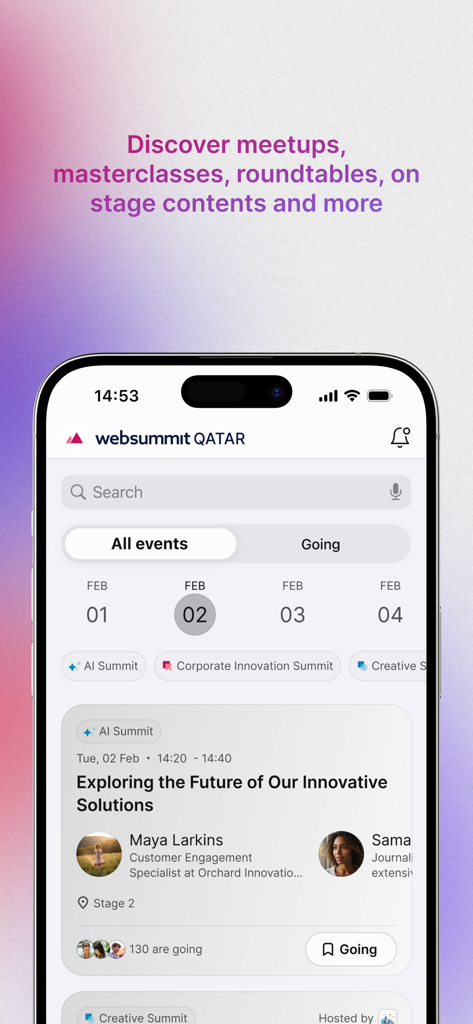 Web Summit app interface showing event schedule and session details