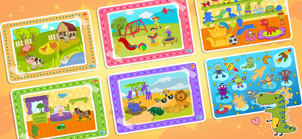 123 Kids Fun Magic Puzzles - Collage of colorful educational puzzle boards for toddlers including farm safari and space themes