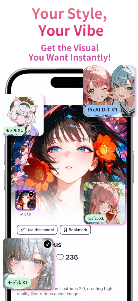Mobile app interface of PixAI showing various AI-generated anime character models and art styles.